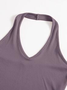 SHEIN EZwear Rib-Knit Crop Halter Top - Dusty Purple - View 5