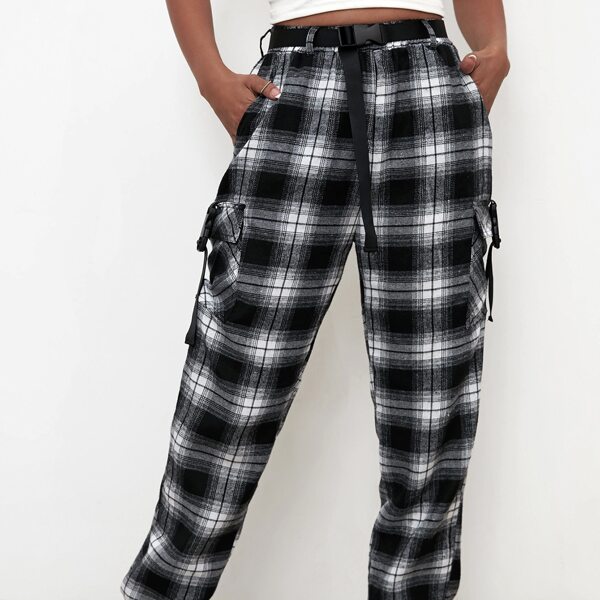 

Plaid Flap Pocket Side Buckled Tape Pants, Black and white