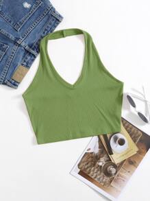 Muchica Rib-Knit Crop Halter Top - Olive Green - View 1