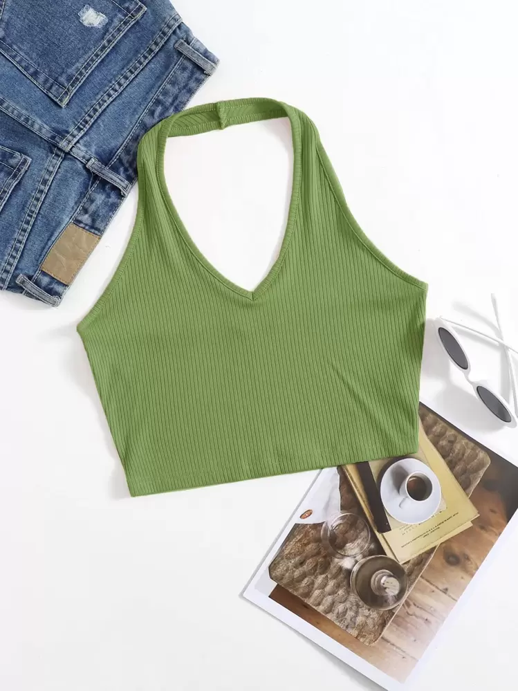 Muchica Rib-Knit Crop Halter Top - Olive Green - View 1