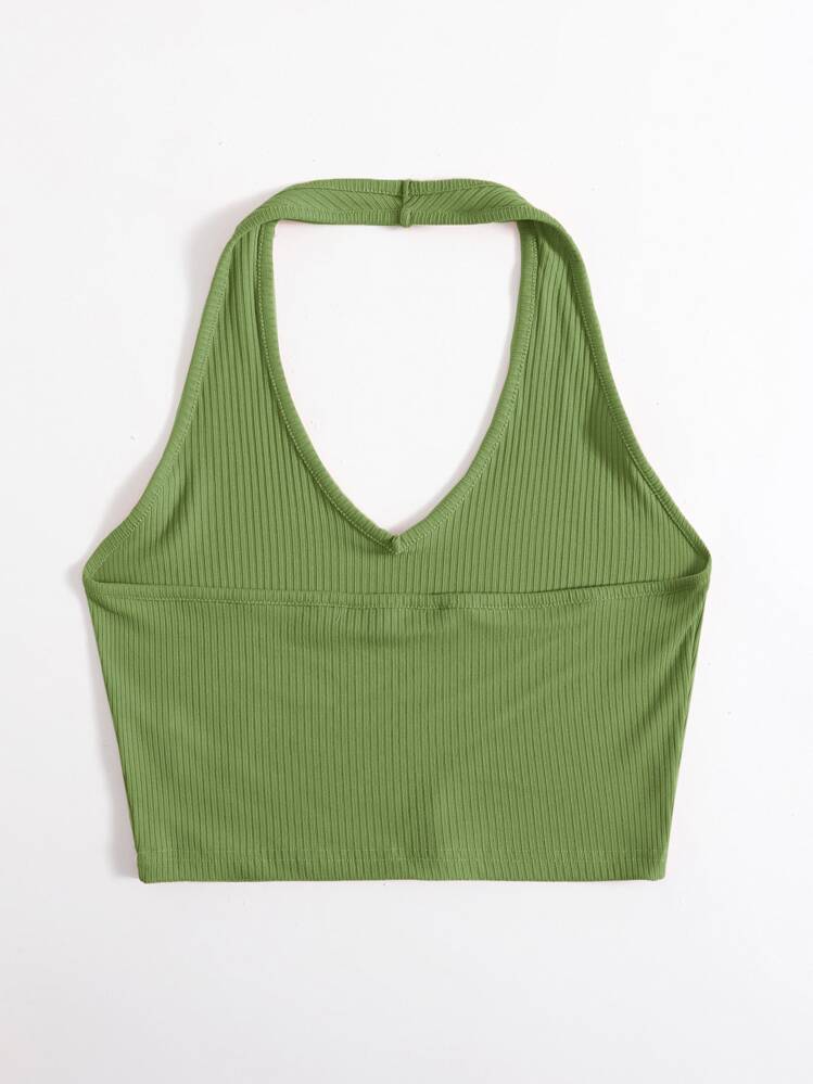 Muchica Rib-Knit Crop Halter Top - Olive Green - View 2