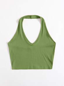 Muchica Rib-Knit Crop Halter Top - Olive Green - View 3