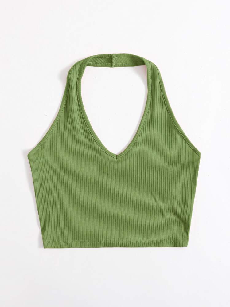 Muchica Rib-Knit Crop Halter Top - Olive Green - View 3