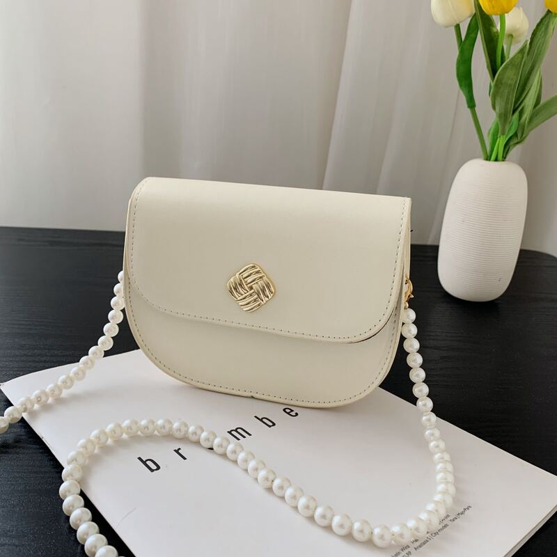 

Flap Faux Pearl Strap Saddle Bag, Beige