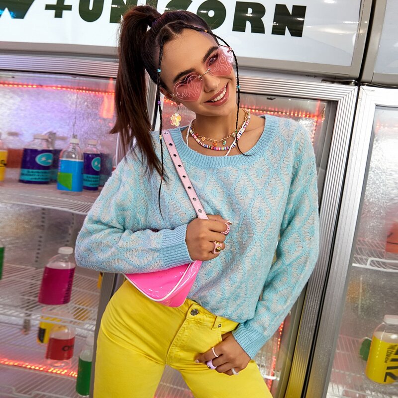 

Geo Pattern Drop Shoulder Sweater, Baby blue
