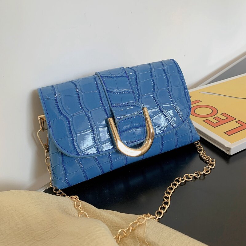 

Croc Embossed Flap Chain Bag, Blue