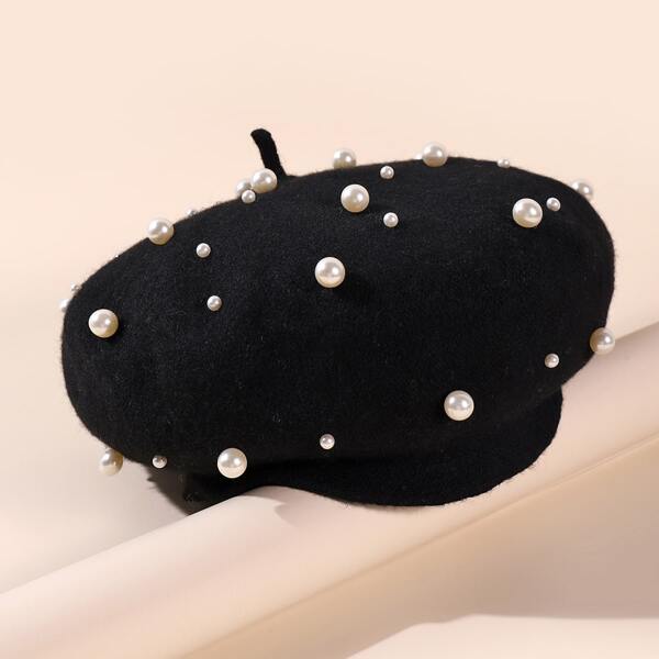 

Faux Pearl Decor Beret, Black