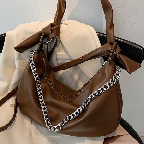 

Minimalist Chain Baguette Bag, Coffee brown