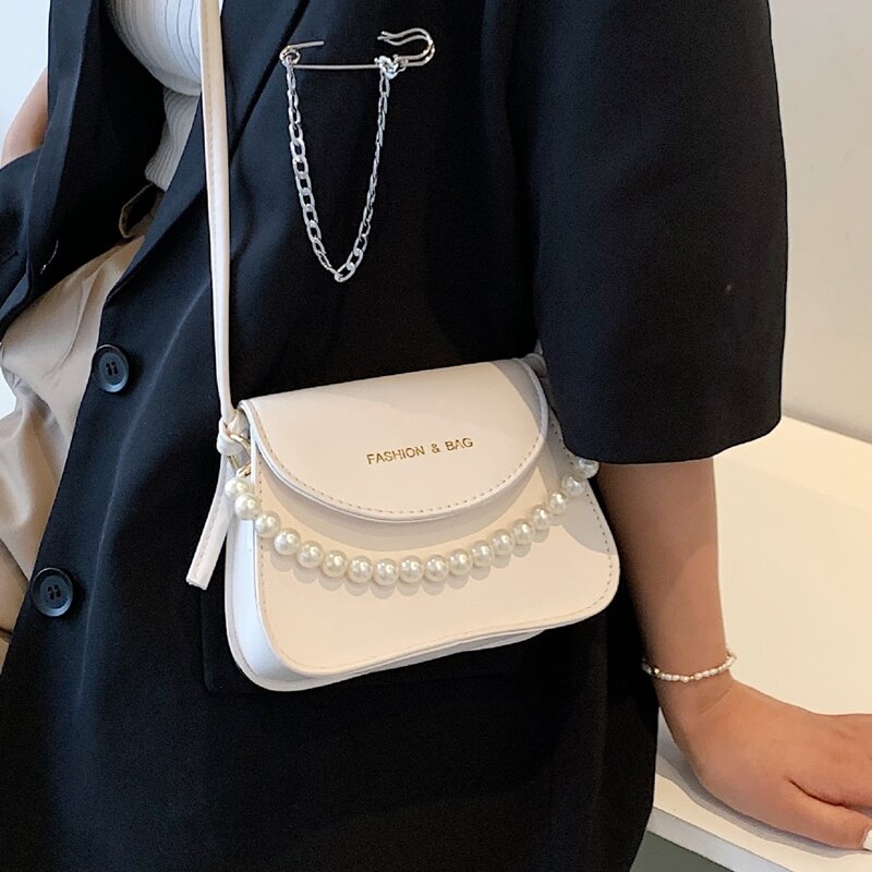 

Faux Pearl Decor Flap Crossbody Bag, White