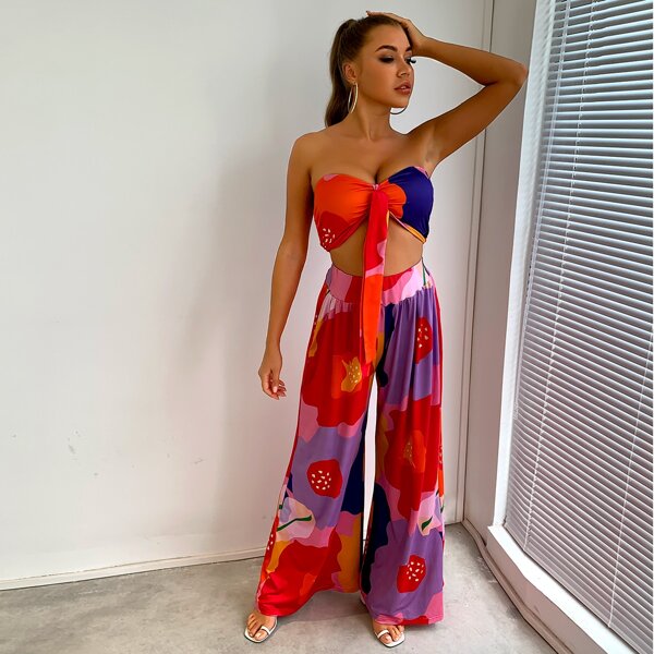 

Graphic Print Knot Front Crop Tube Top & Wide Leg Pants, Multicolor