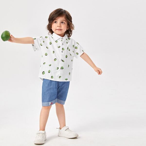 

Toddler Boys Kiwi Print Shirt & Letter Embroidery Roll Hem Shorts, Multicolor
