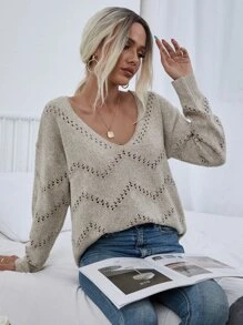 SHEIN LUNE Pointelle Knit Drop Shoulder Jumper - Khaki - View 1