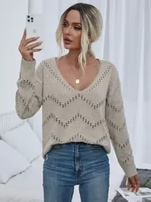 SHEIN LUNE Pointelle Knit Drop Shoulder Jumper - Khaki - View 3