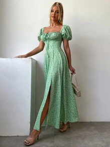 PARTHEA Vestido con mangas abullonadas, estampado floral pequeño y abertura alta - Verde - Ver 3