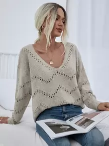 SHEIN LUNE Pointelle Knit Drop Shoulder Jumper - Khaki - View 5