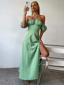 PARTHEA Vestido con mangas abullonadas, estampado floral pequeño y abertura alta - Verde - Ver 8
