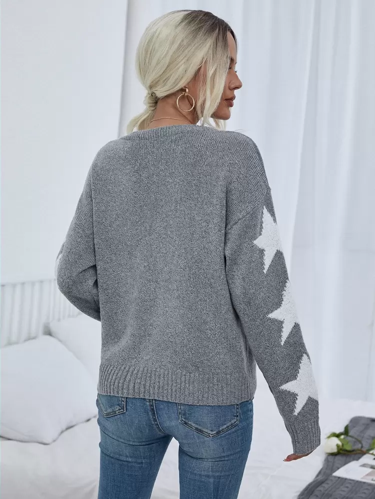 Star Pattern Drop Shoulder Sweater,Long Sleeve Tops Knit Pullover Fall Winter