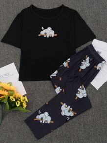 Conjunto de pijama con estampado de dibujos animados - Negro - Ver 1