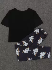 Conjunto de pijama con estampado de dibujos animados - Negro - Ver 2