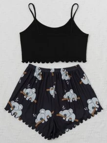 Cartoon Graphic Bow Detail Pyjama Set - Black - View 2