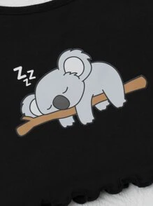 Cartoon Graphic Bow Detail Pyjama Set - Black - View 4