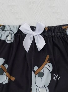Cartoon Graphic Bow Detail Pyjama Set - Black - View 5
