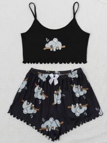 Cartoon Graphic Bow Detail Pyjama Set - Black - View 6