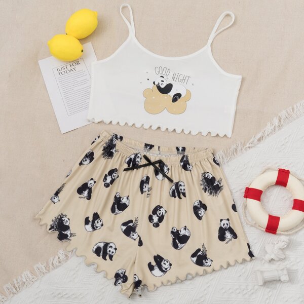 

Letter & Panda Print Lettuce Trim Cami Top & Shorts PJ Set, Multicolor