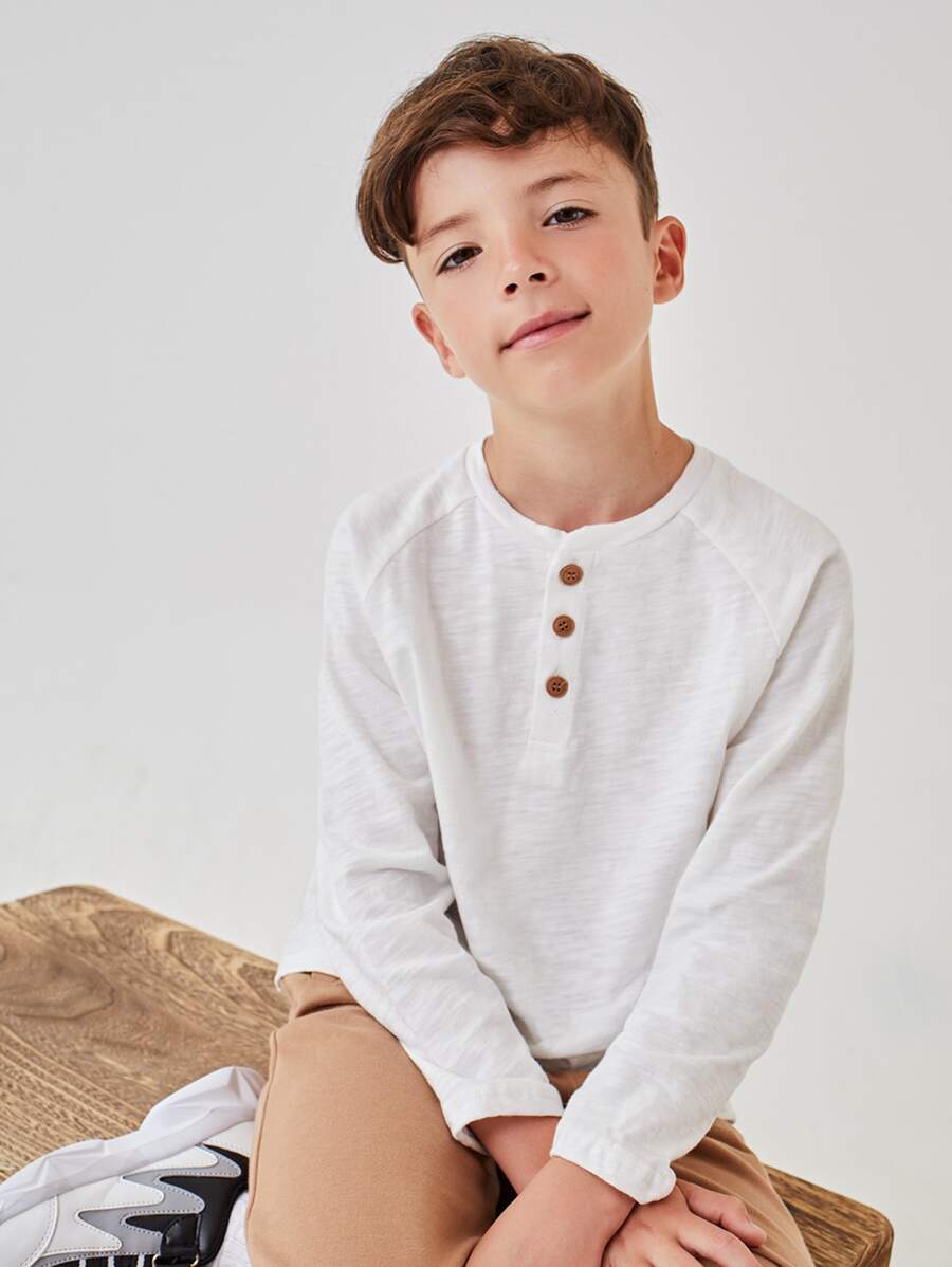 SHEIN Boys Cotton Raglan Sleeve Half Button Tee - White - View 1