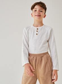 SHEIN Boys Cotton Raglan Sleeve Half Button Tee - White - View 3
