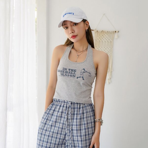 

Slogan & Figure Graphic Halter Top, Grey