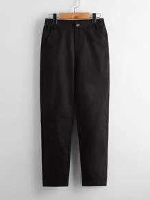 SHEIN Boys Button Detail Elastic Waist Trousers - Black - View 1