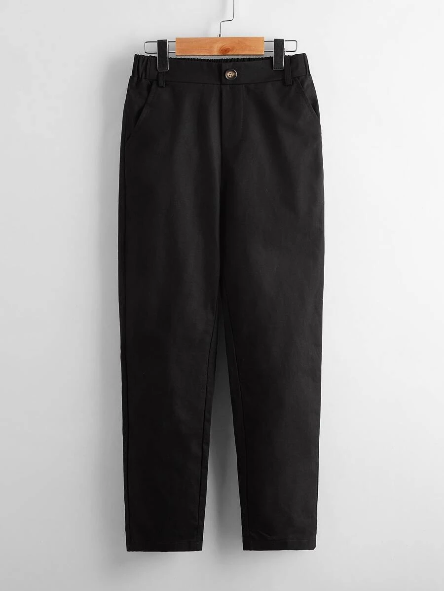 SHEIN Boys Button Detail Elastic Waist Trousers - Black - View 1