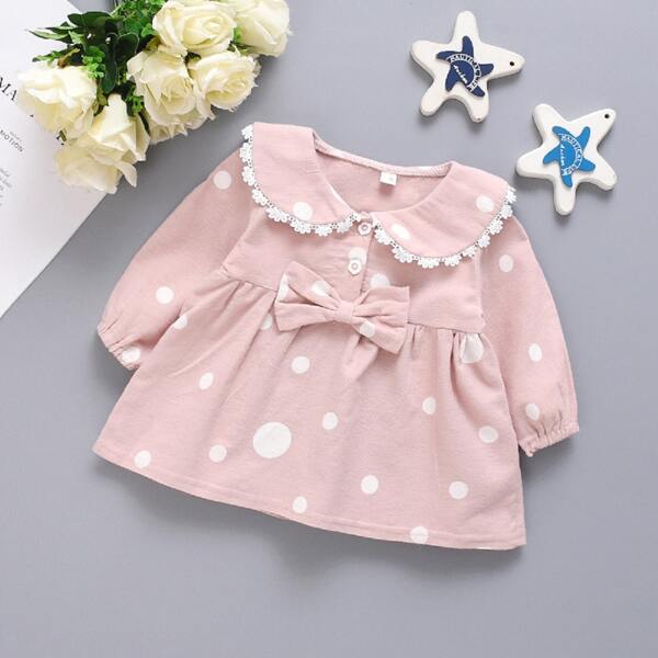 

Toddler Girls Polka Dot Guipure Lace Trim Bow Front Blouse, Baby pink
