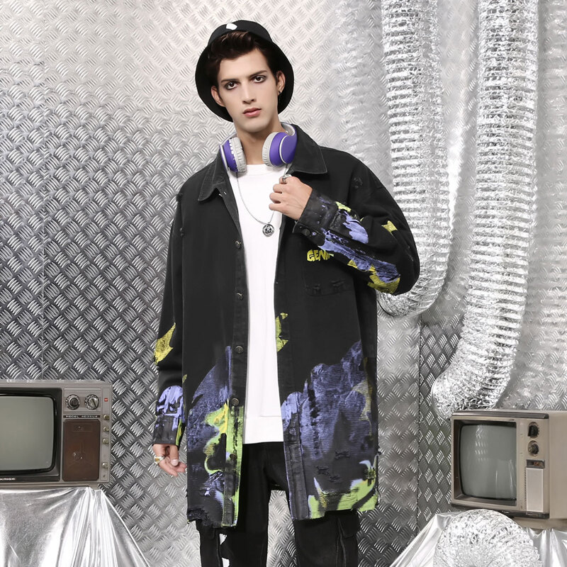 

Guys Graphic Print Ripped Drop Shoulder Denim Jacket, Black