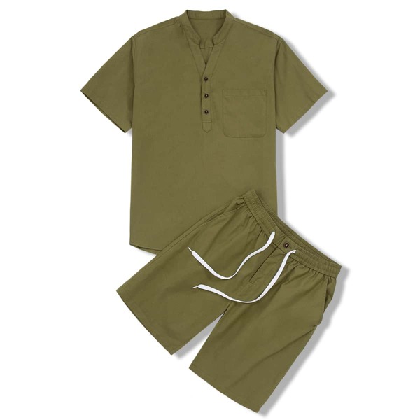 

Men Half Button Shirt With Drawstring Waist Shorts, Olive green