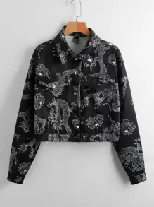 SHEIN Allover Chinese Dragon Print Flap Detail Jacket - Black - View 1