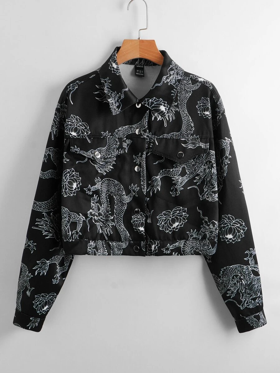 SHEIN Allover Chinese Dragon Print Flap Detail Jacket - Black - View 1