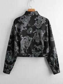 SHEIN Allover Chinese Dragon Print Flap Detail Jacket - Black - View 2