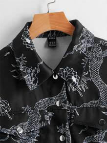 SHEIN Allover Chinese Dragon Print Flap Detail Jacket - Black - View 4