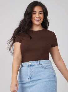 SHEIN BASICS Camiseta delgada unicolor de cuello redondo - Café integral - Ver 1