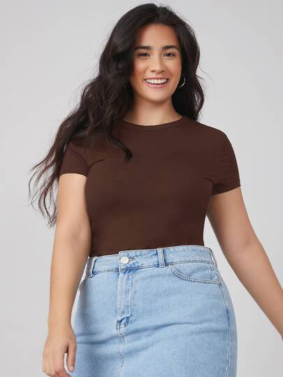 SHEIN BASICS Plus Round Neck Solid Slim Tee Summer Tops