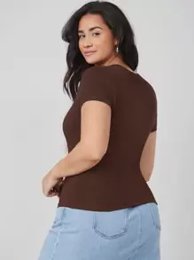 SHEIN BASICS Camiseta delgada unicolor de cuello redondo - Café integral - Ver 2