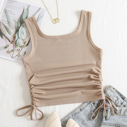Solid Drawstring Side Tank Top