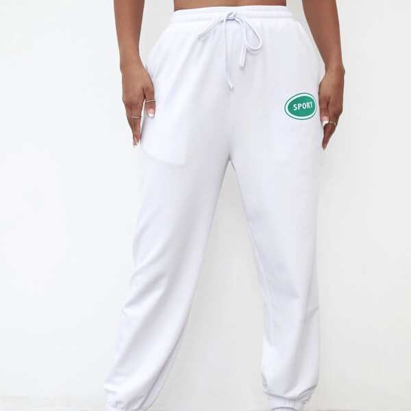 

Letter Graphic Drawstring Waist Sweatpants, White