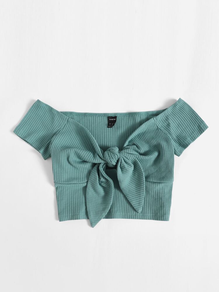 Muchica Top de hombros descubiertos tejido de canalé con nudo delantero - Azul Cadete - Añade 4