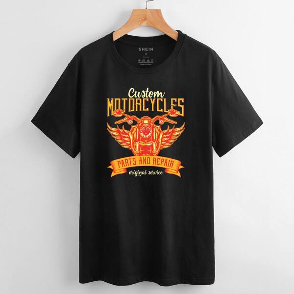 

Motorcycle & Letter Graphic Tee, Black