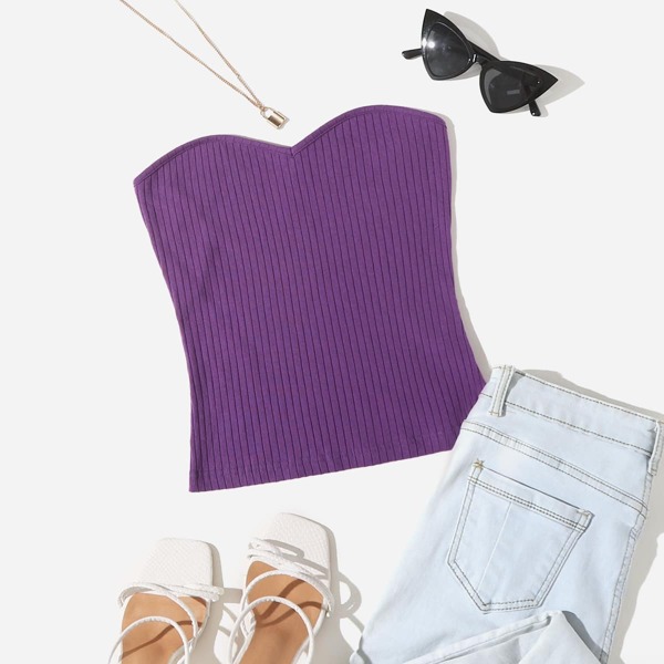 

Solid Rib Knit Tube Top, Purple