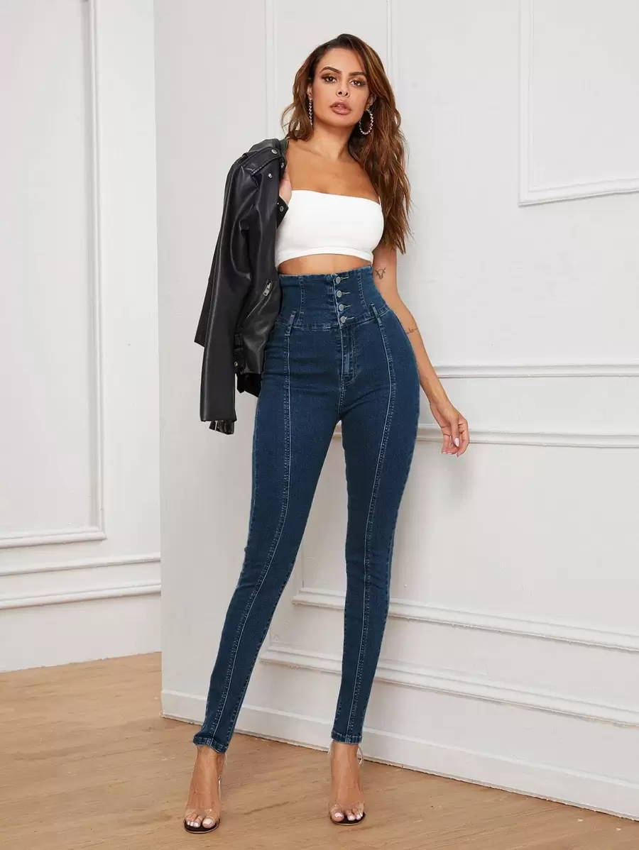 Jeans ajustados de cintura con banda ancha - Azul lavado oscuro - Ver 1