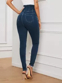 Jeans ajustados de cintura con banda ancha - Azul lavado oscuro - Ver 2